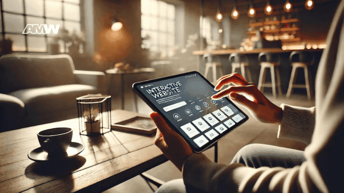 Person using tablet in cozy coffee shop.