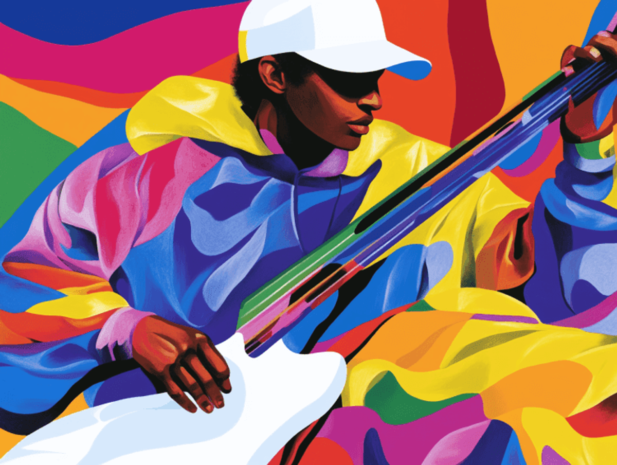 Colorful digital painting of person with electric guitar.