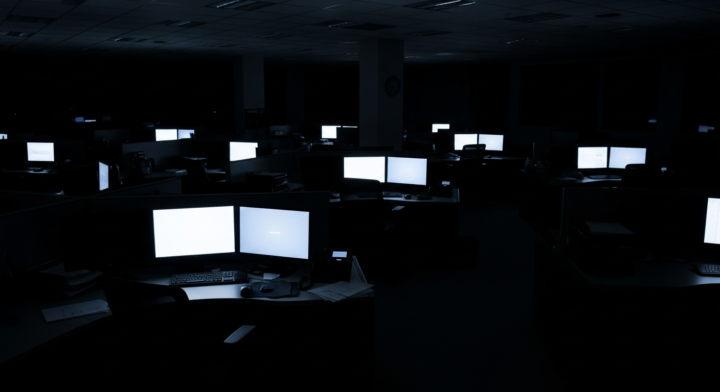 Newsroom-style office at night with multiple monitors glowing in the dark