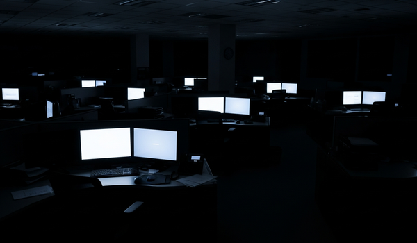 Newsroom-style office at night with multiple monitors glowing in the dark