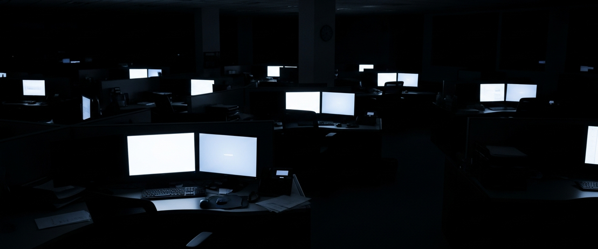 Newsroom-style office at night with multiple monitors glowing in the dark