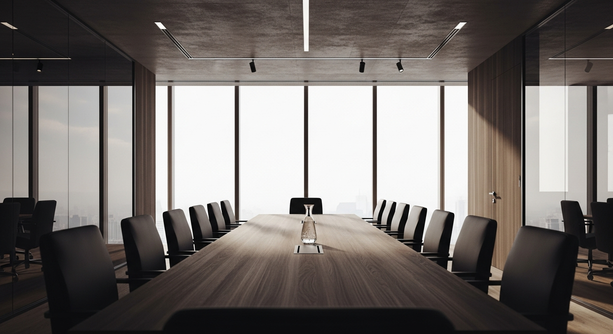 Modern luxury boardroom with dark walnut table and city skyline visible through floor-to-ceiling glass walls