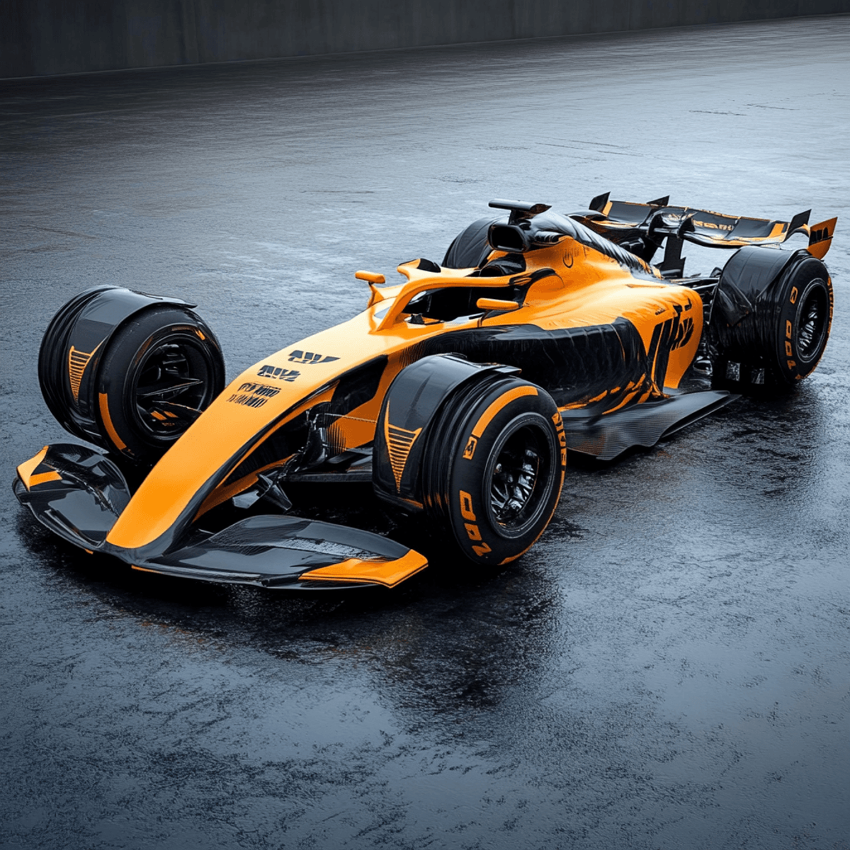 Orange Formula 1 car on wet asphalt.