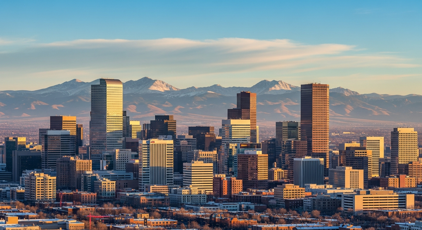 Denver skyline with Rocky Mountains at sunrise reflecting morning light