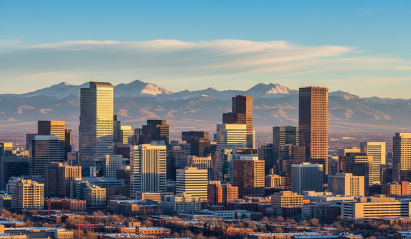 Denver skyline with Rocky Mountains at sunrise reflecting morning light