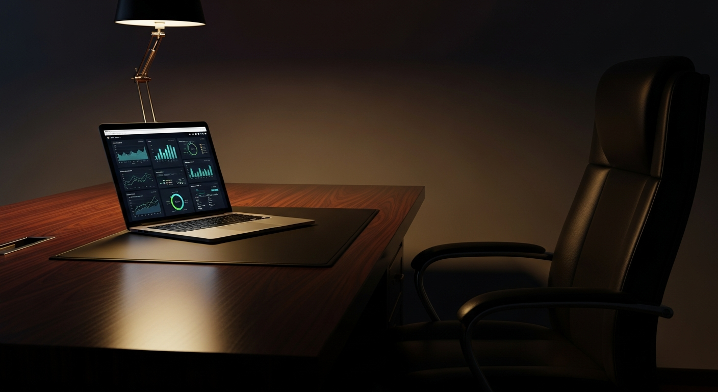 Executive desk with marketing analytics on laptop screen in dark moody corporate setting