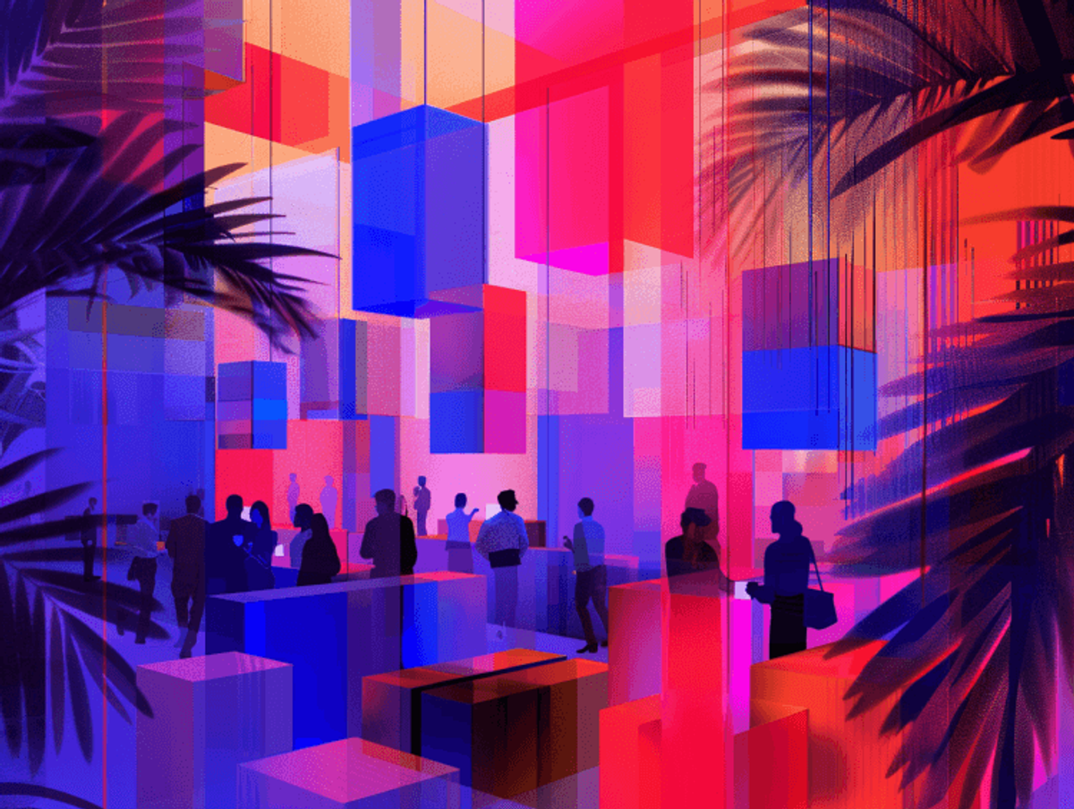 Colorful geometric art installation with people