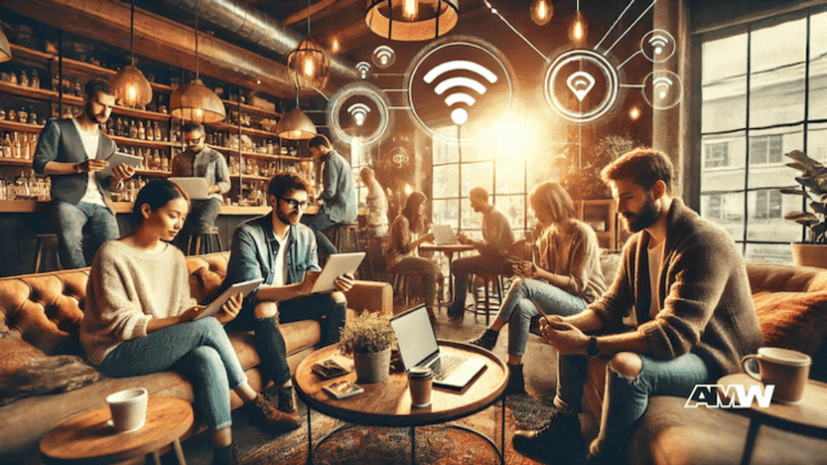 People using WiFi in a modern coffee shop.