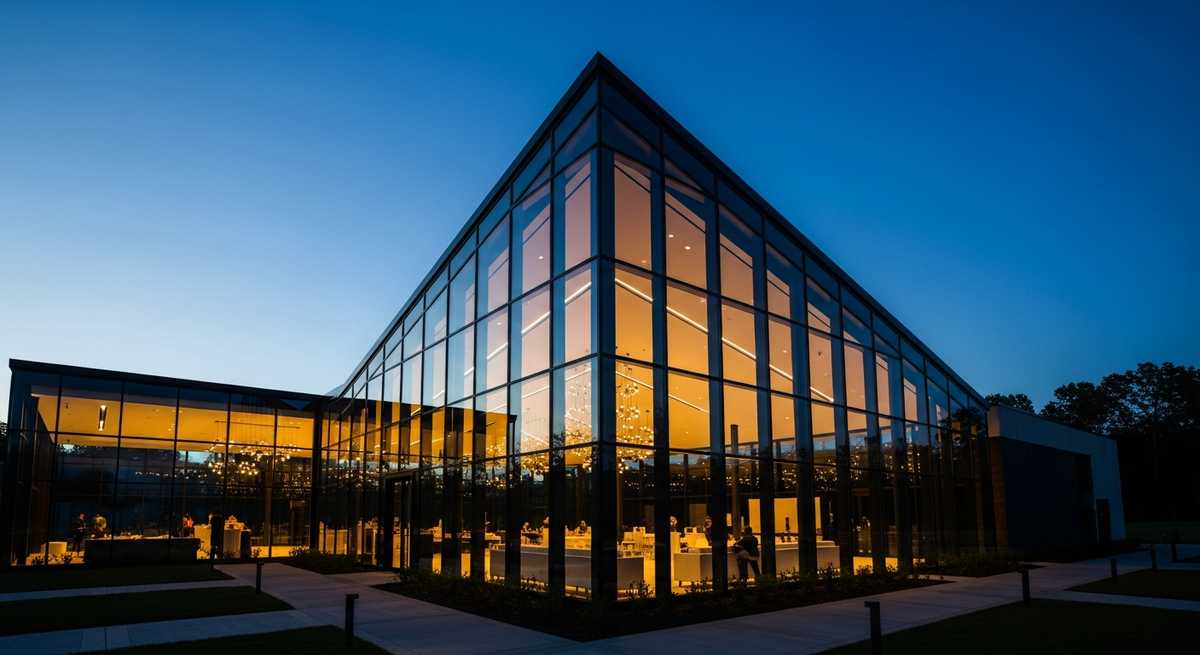 Modern glass event venue exterior at dusk with warm interior lights glowing through geometric facade
