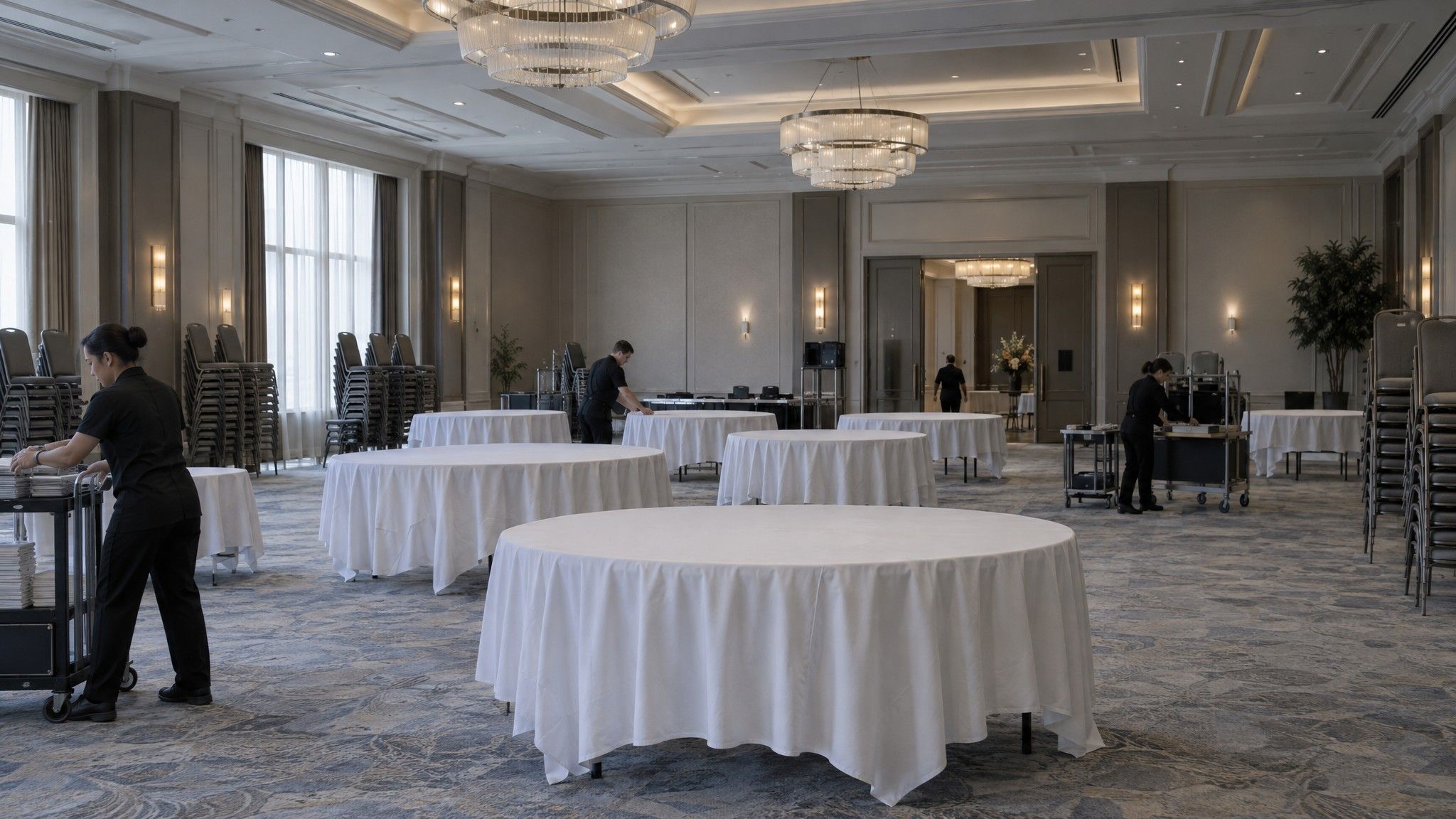 Hotel ballroom being prepared with clothed round tables and stacked chairs