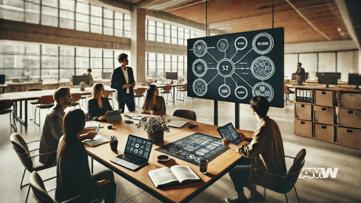 Team meeting around a digital display in office.