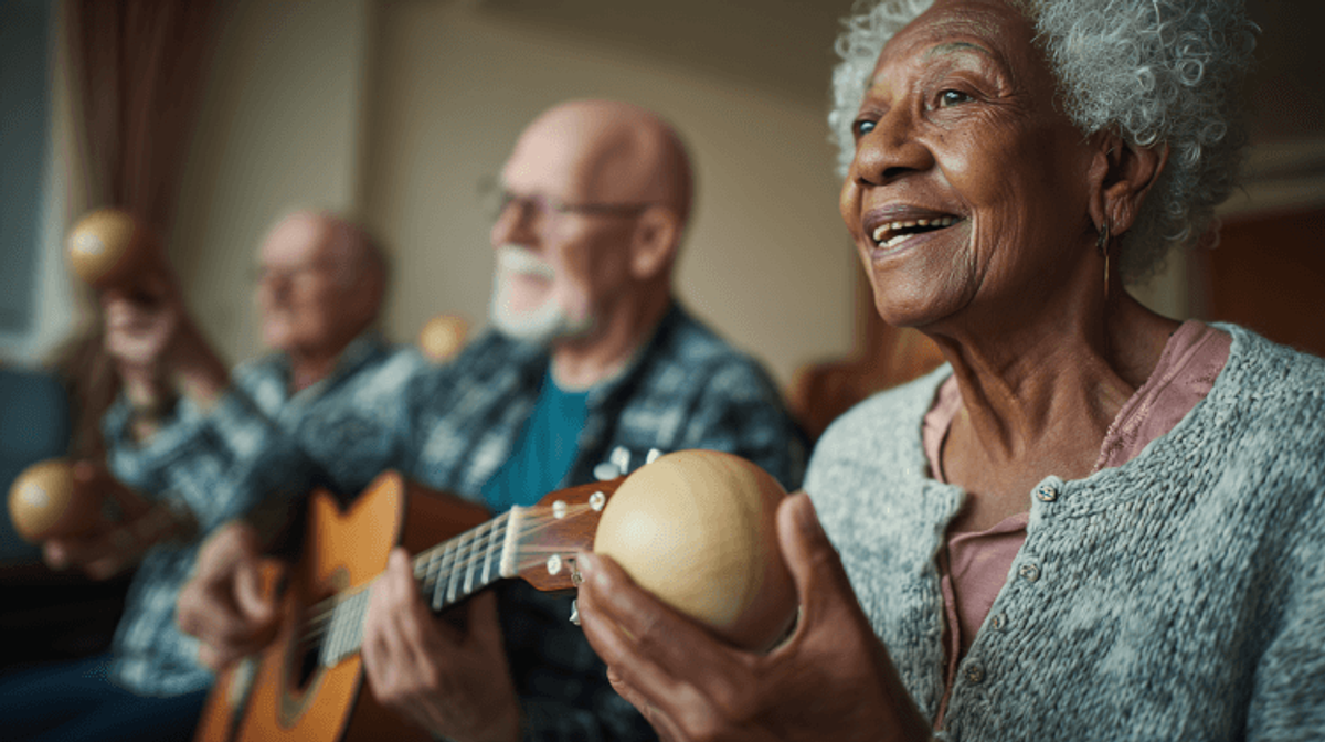 Elderly people playing musical instruments together