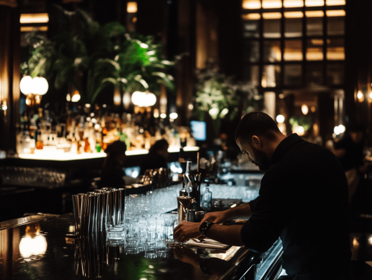 Bartender preparing cocktails at upscale bar.