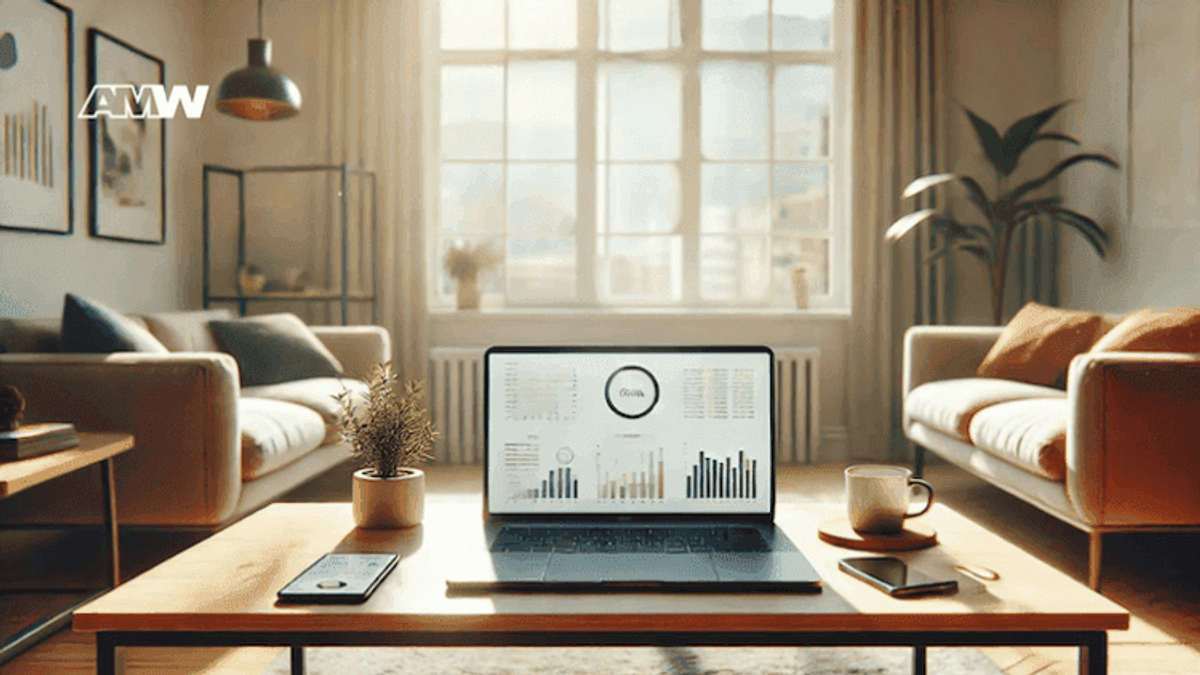 Laptop displaying graphs in a cozy living room.