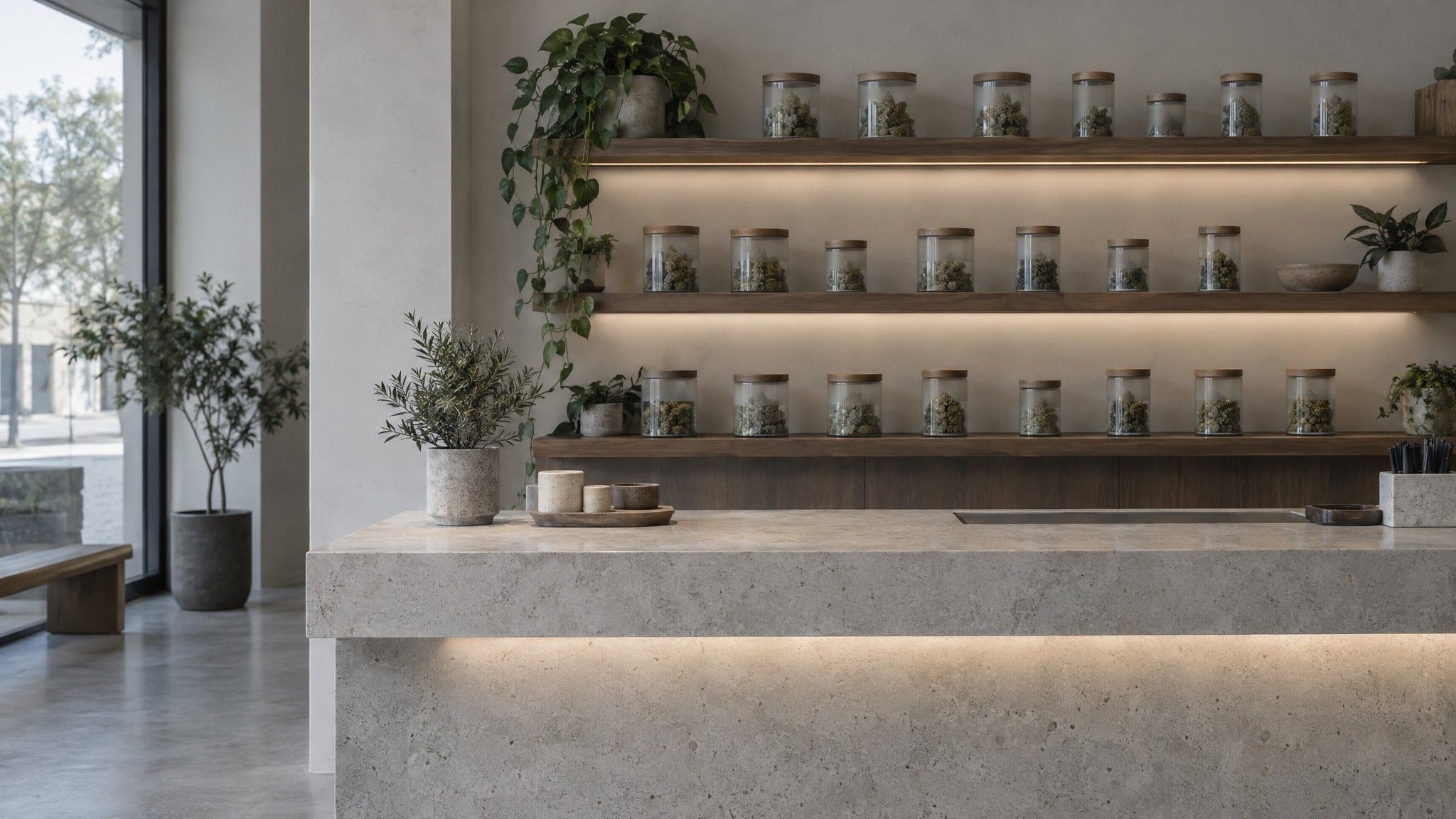 Pale stone dispensary counter with frosted jars on shelves