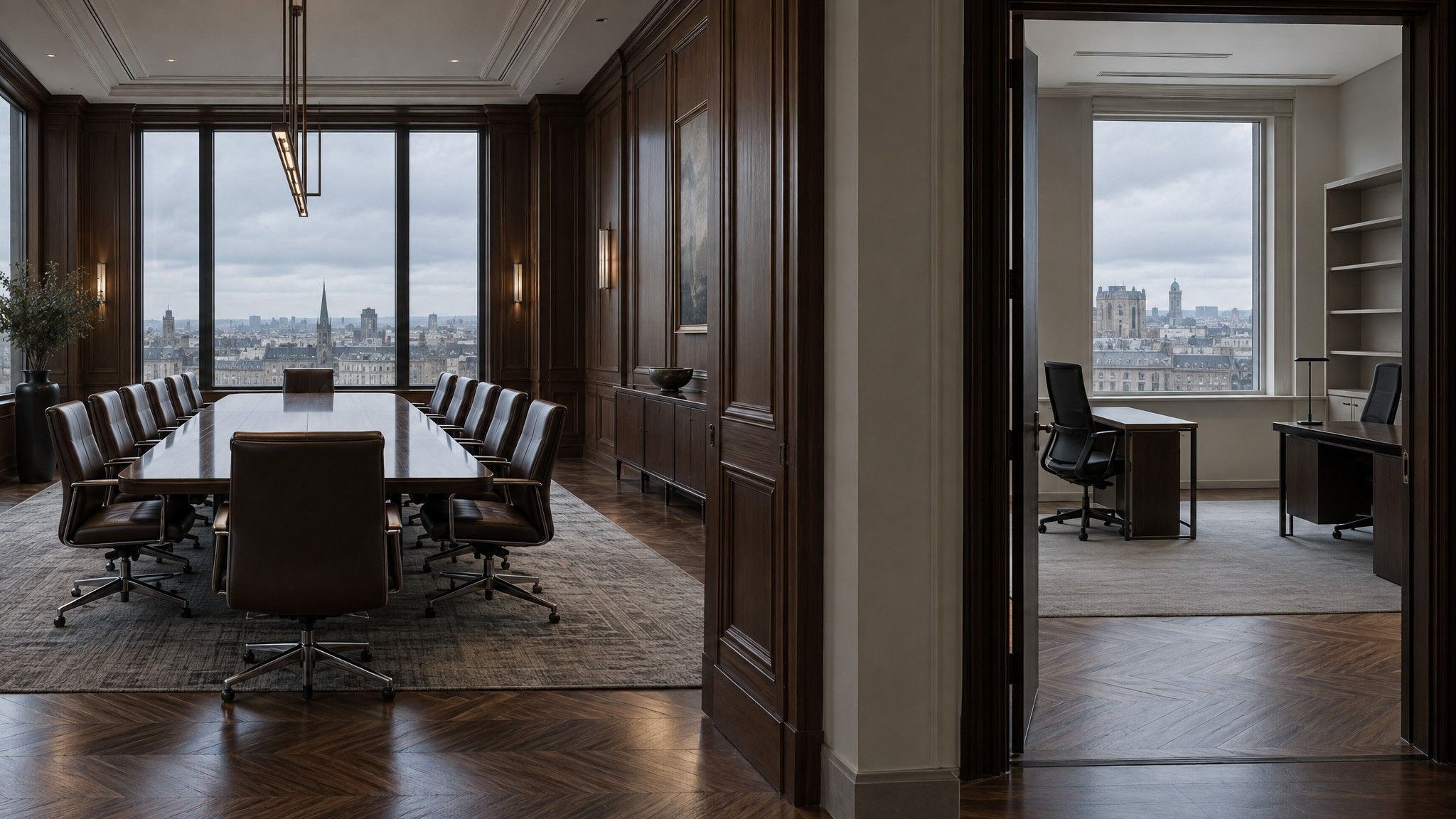 Wood-panelled boardroom beside a small two-desk office
