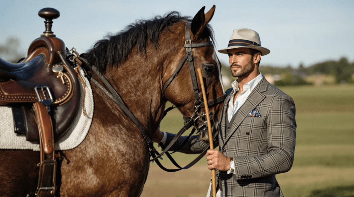 Man in suit with horse and saddle.