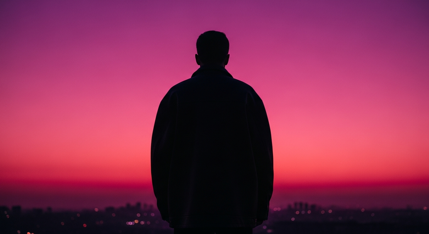 Silhouetted figure against a magenta dusk sky above a city skyline