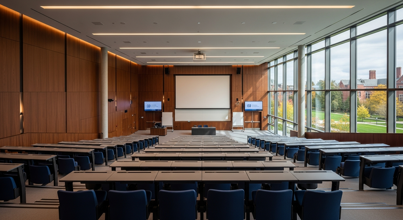 Modern university lecture hall with dark wood paneling and large glass windows