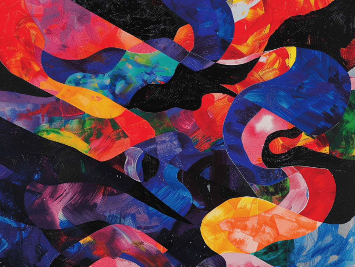 Colorful abstract painting with swirling patterns.