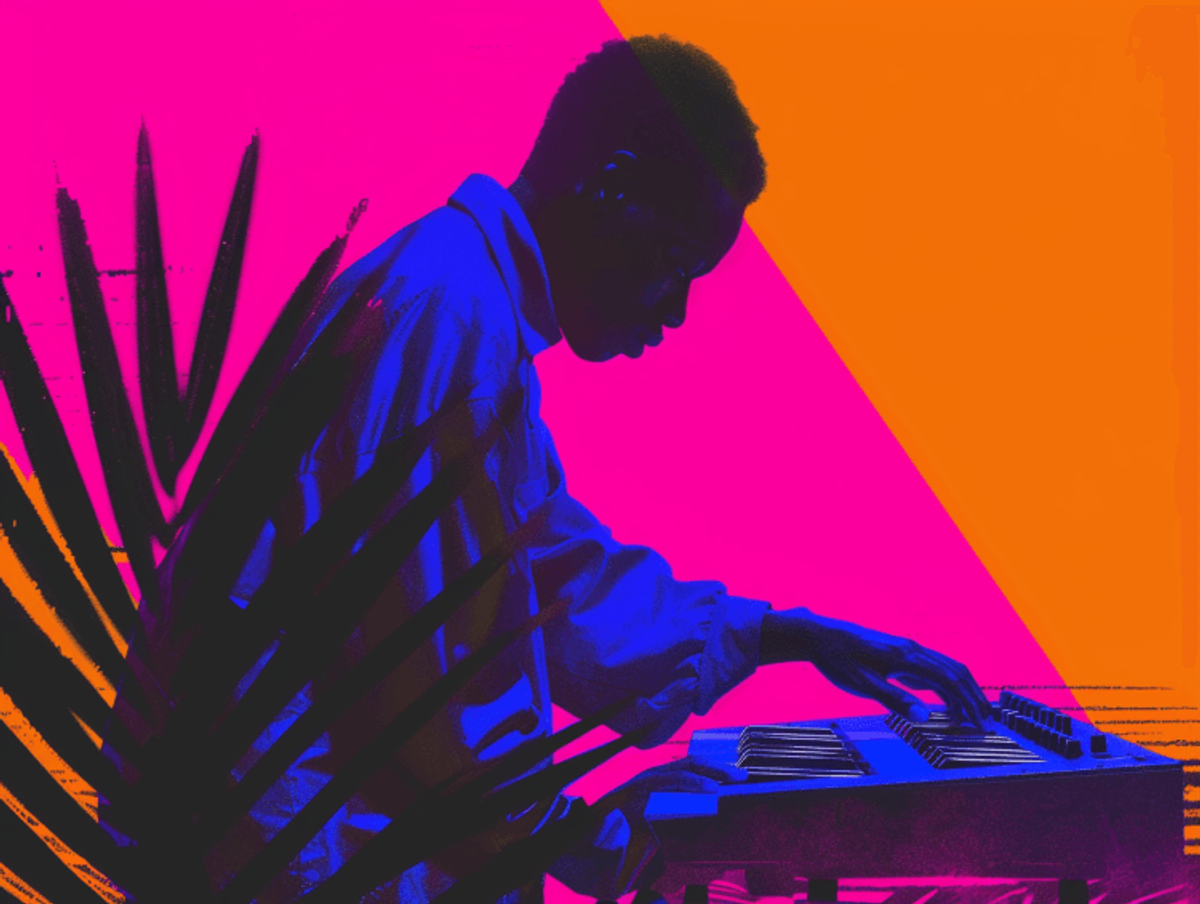 Silhouette playing keyboard against vibrant background