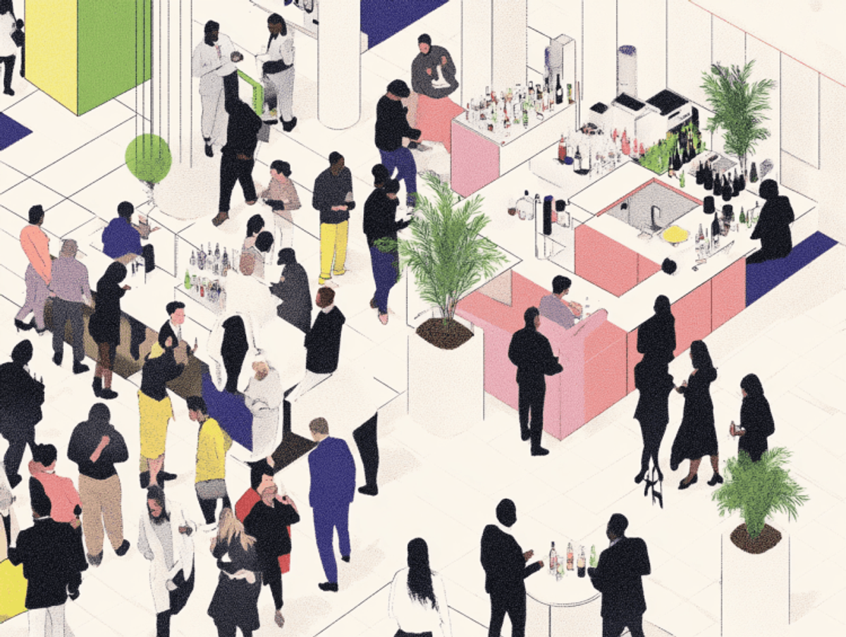 Crowded party with bar, people socializing and drinking.