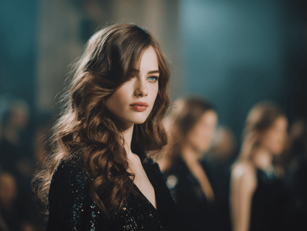 Model in black dress on runway show.