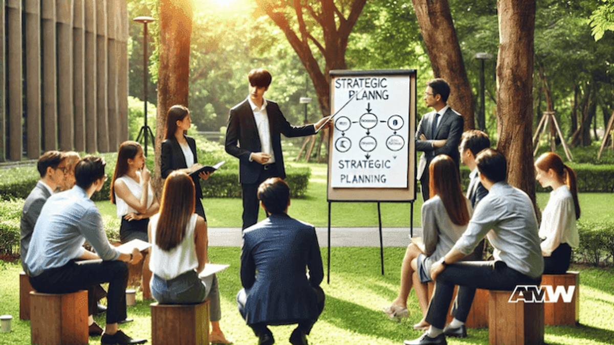 Outdoor business meeting discussing strategic planning.