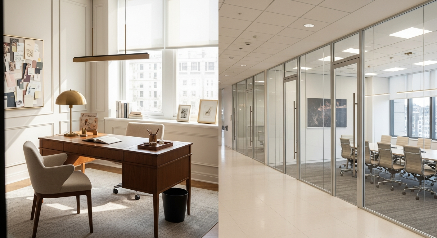 Split view of boutique agency and large corporate PR firm office spaces