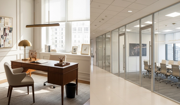 Split view of boutique agency and large corporate PR firm office spaces