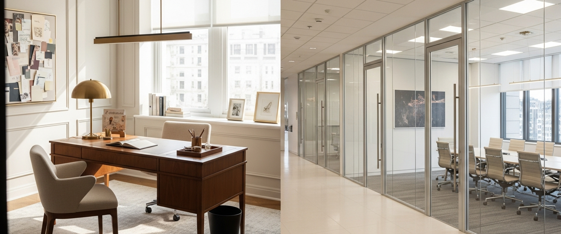 Split view of boutique agency and large corporate PR firm office spaces