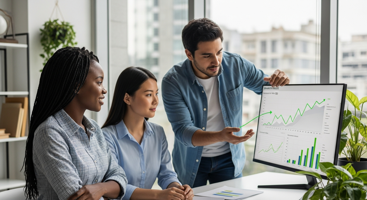 Marketing team celebrating successful campaign launch with positive performance metrics visible on screen
