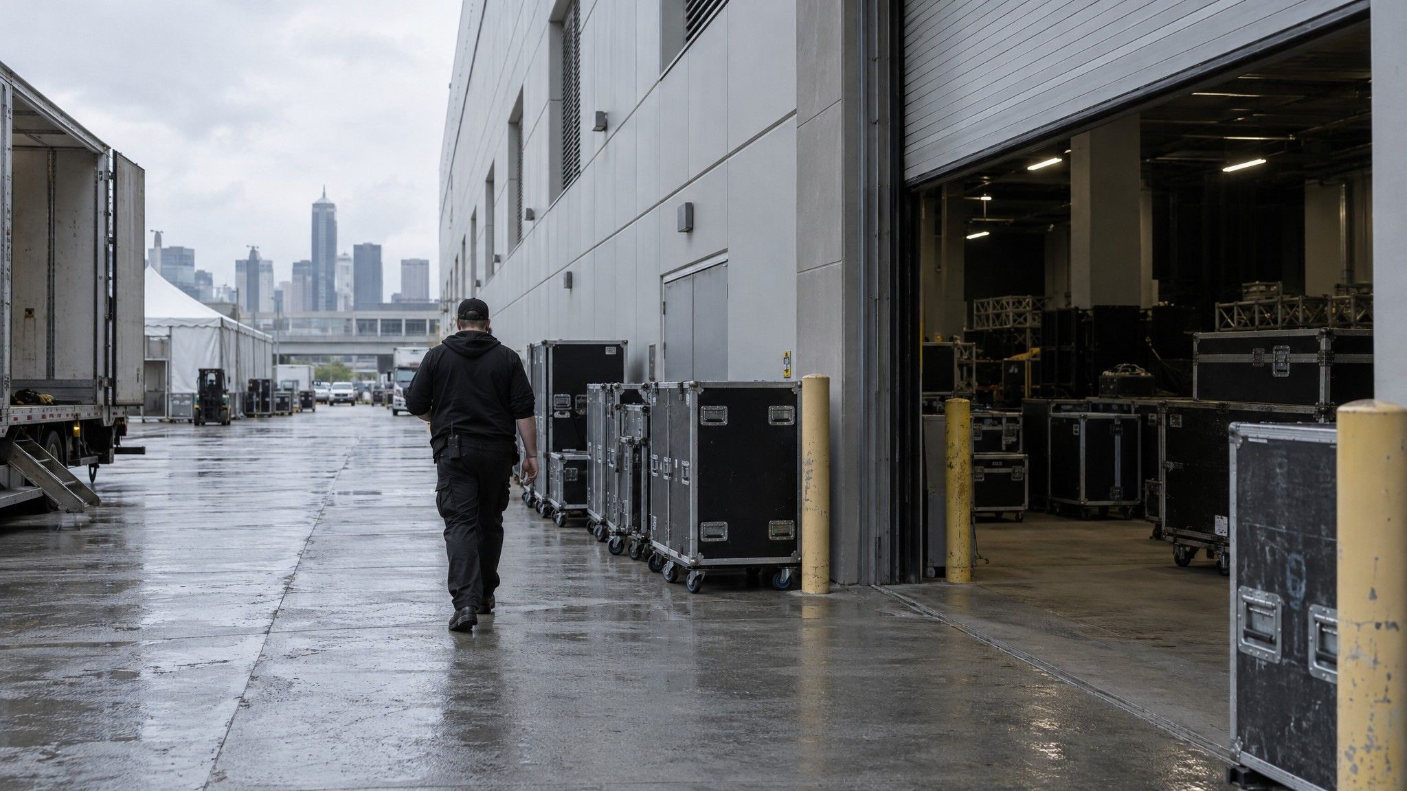 Convention hall loading dock with road cases lined up by an open door