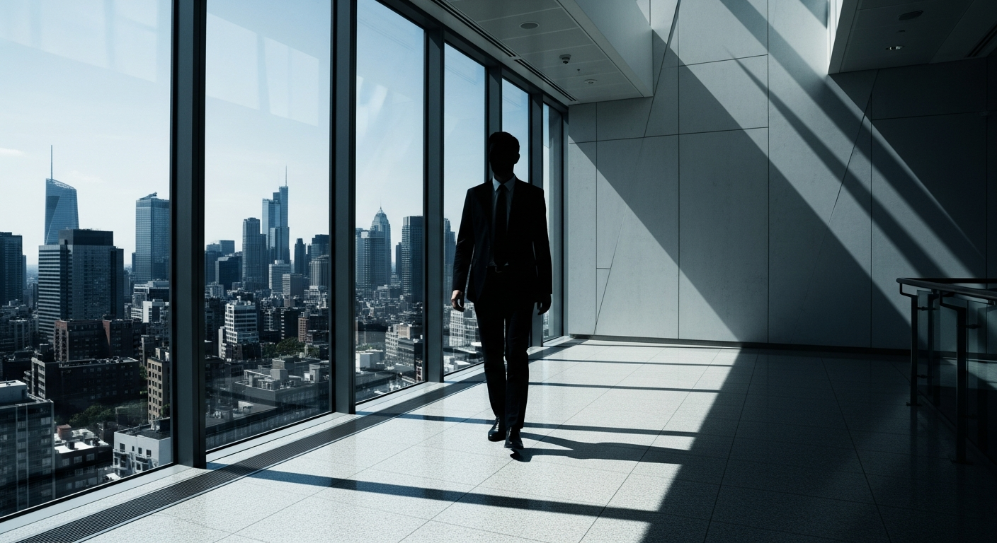 Silhouette walking through modern financial district glass corridor
