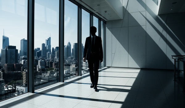 Silhouette walking through modern financial district glass corridor