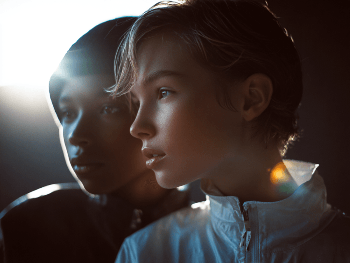 Two people in dramatic lighting and white jackets.