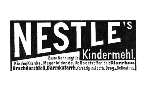 A black and white German newspaper advertisement with the word NESTLE'S in large white letters above Kindermehl, recommending it for children, the sick and people with stomach complaints