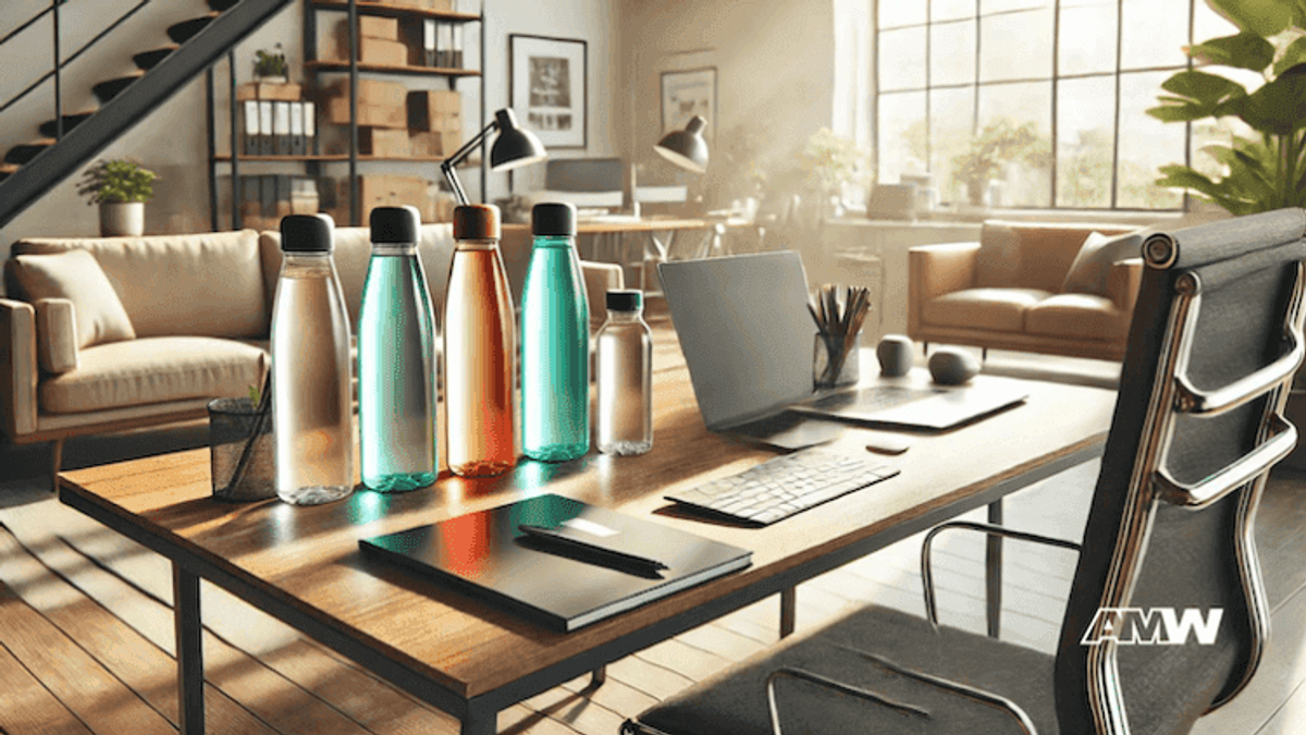 Desk with water bottles in modern office.