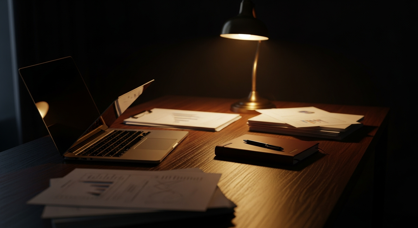 Strategic marketing plan documents on a premium executive desk with warm lighting