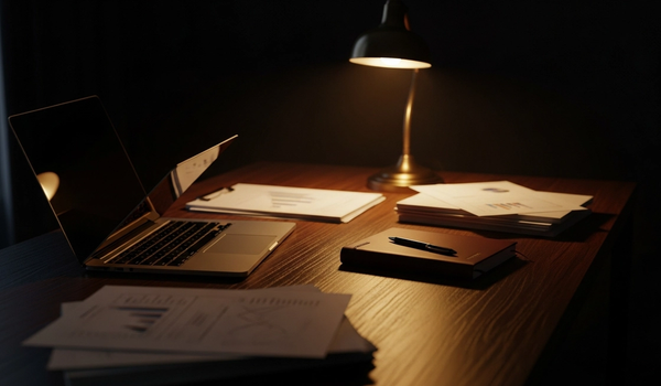 Strategic marketing plan documents on a premium executive desk with warm lighting