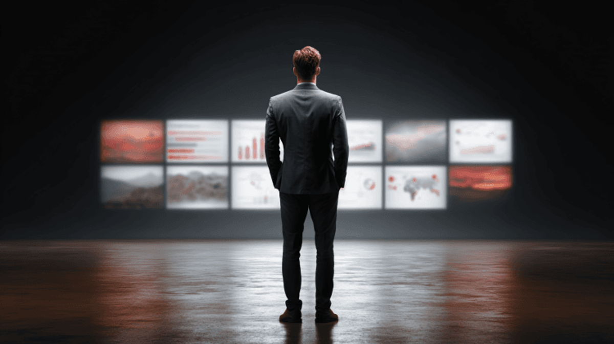 Businessman analyzing multiple digital screens in dark room.