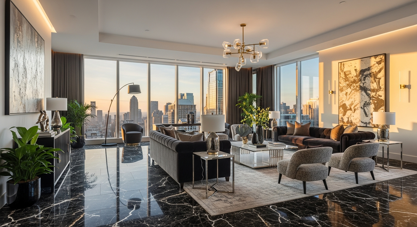 Luxury penthouse with marble floors and city skyline views at golden hour