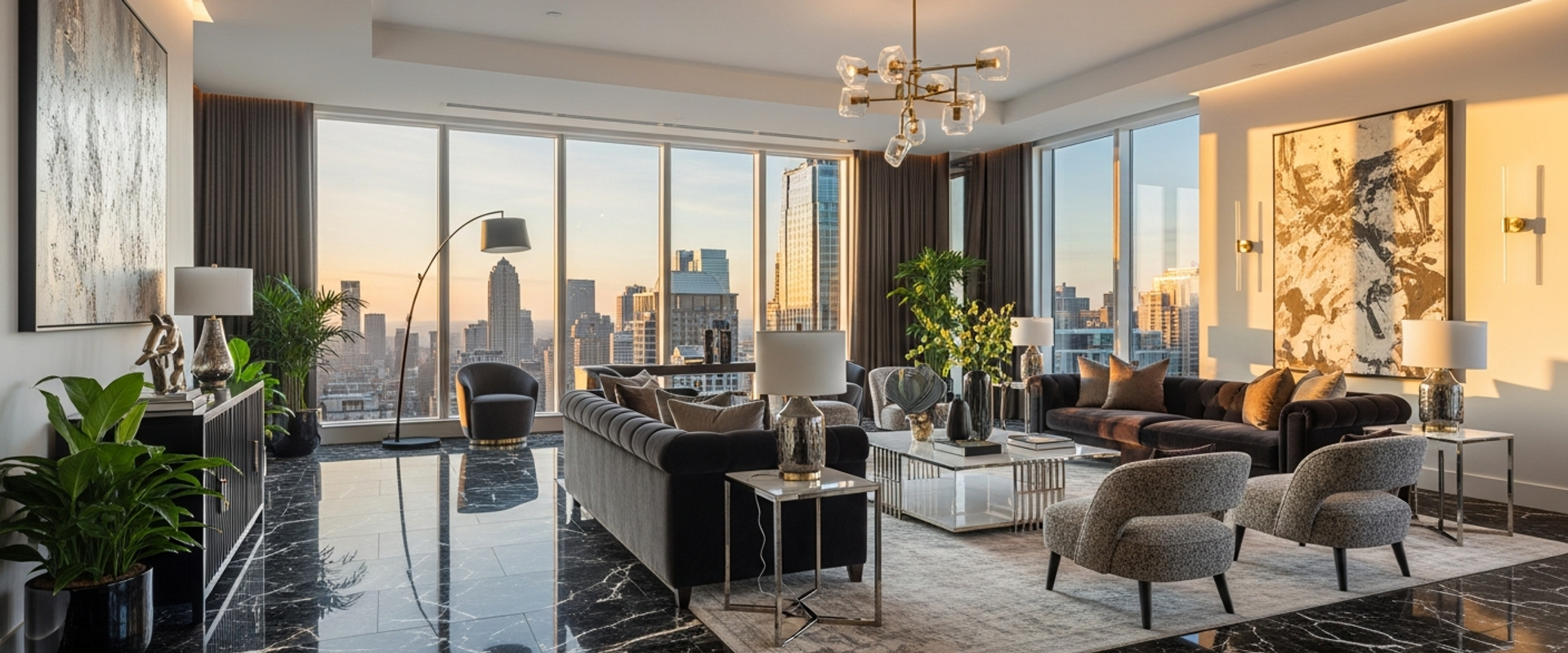 Luxury penthouse with marble floors and city skyline views at golden hour