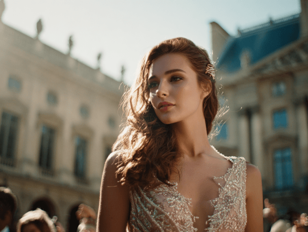 Elegant woman in embellished dress outside historic building.