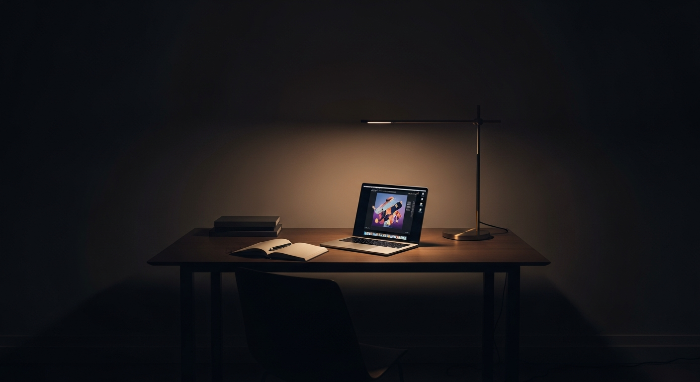 Minimalist design studio at dusk with warm desk lamp lighting