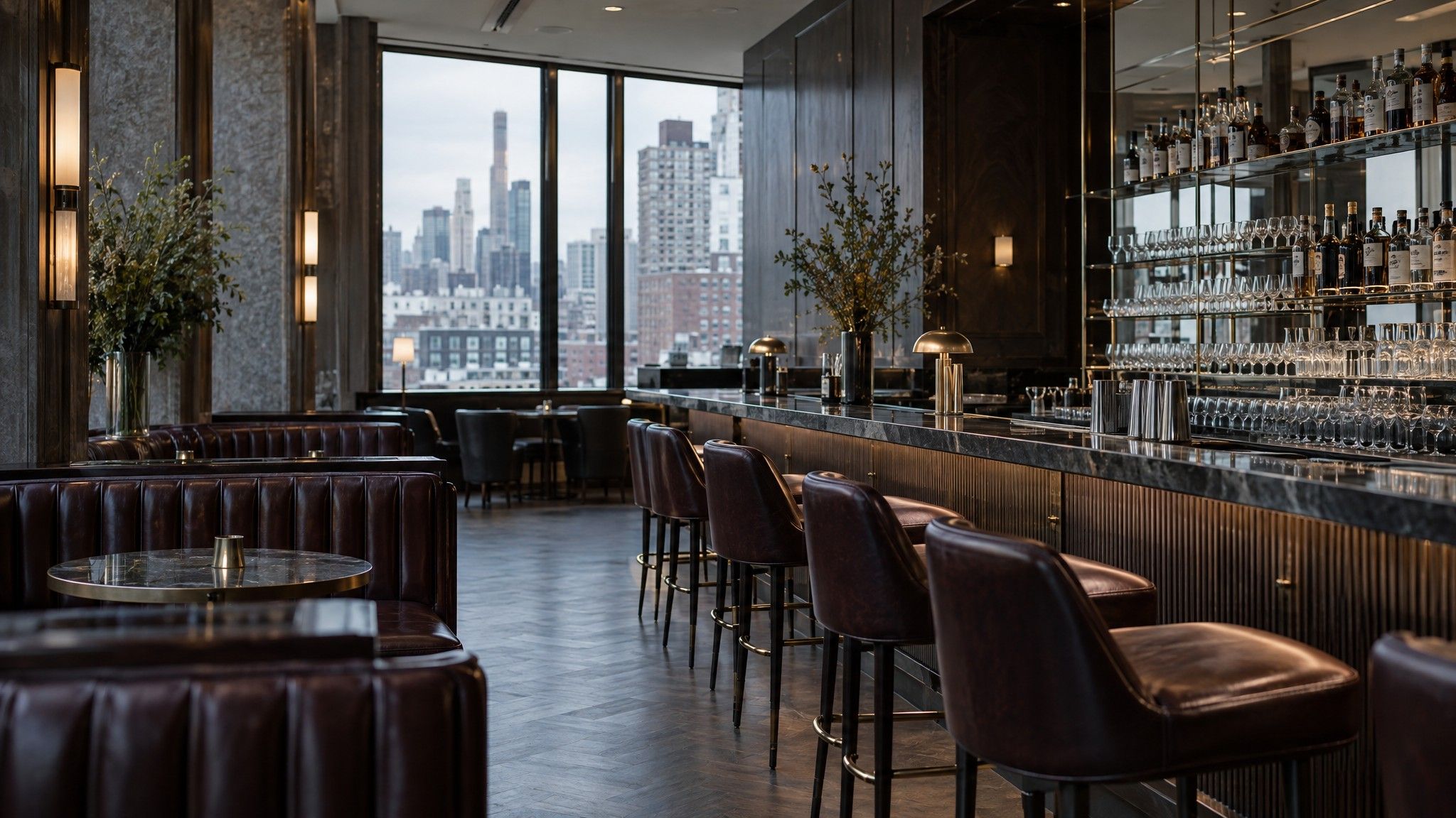 Hotel bar before opening with leather banquettes and lined glasses