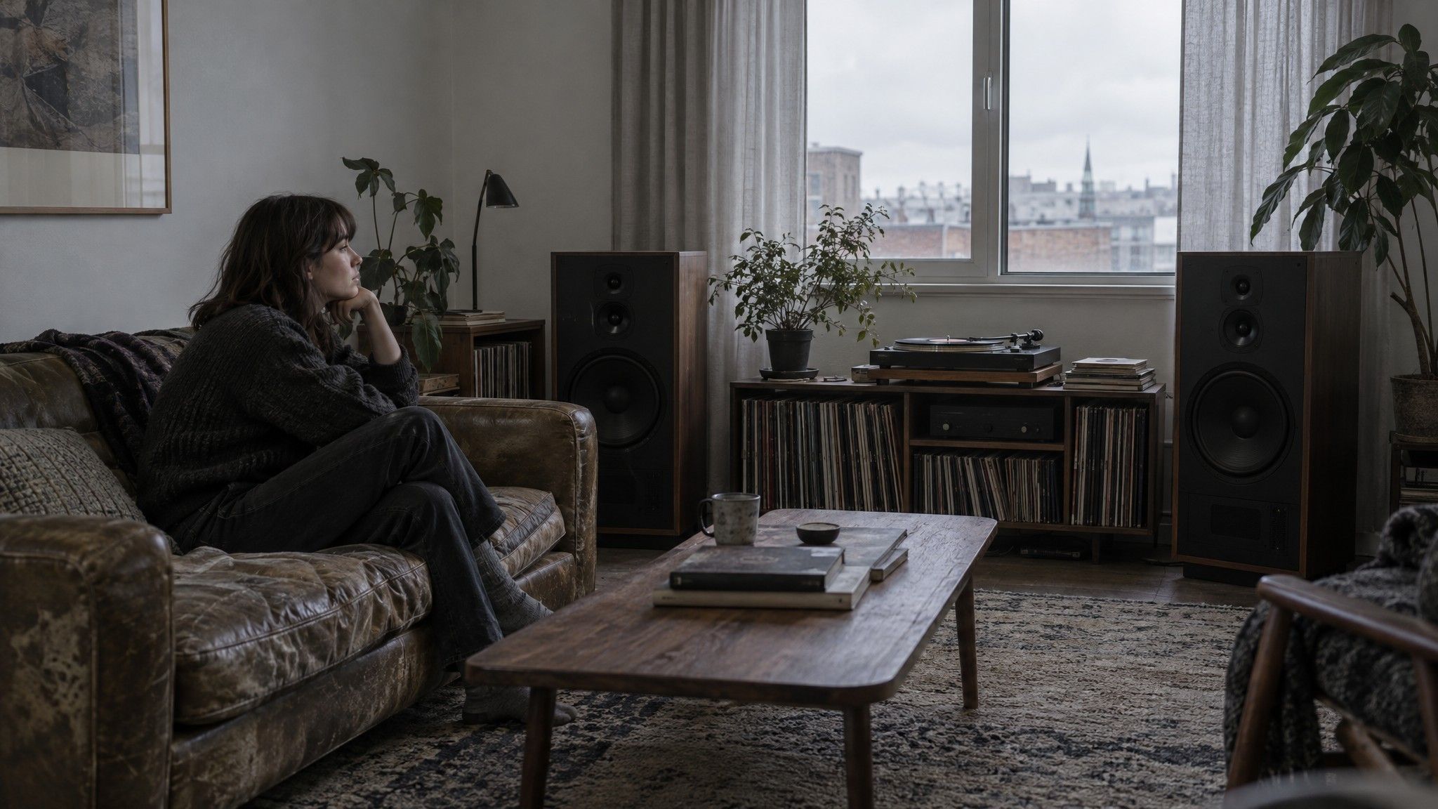 Listening room with studio speakers, a worn sofa and a record player