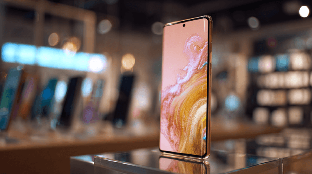 Modern smartphone on display in tech store.