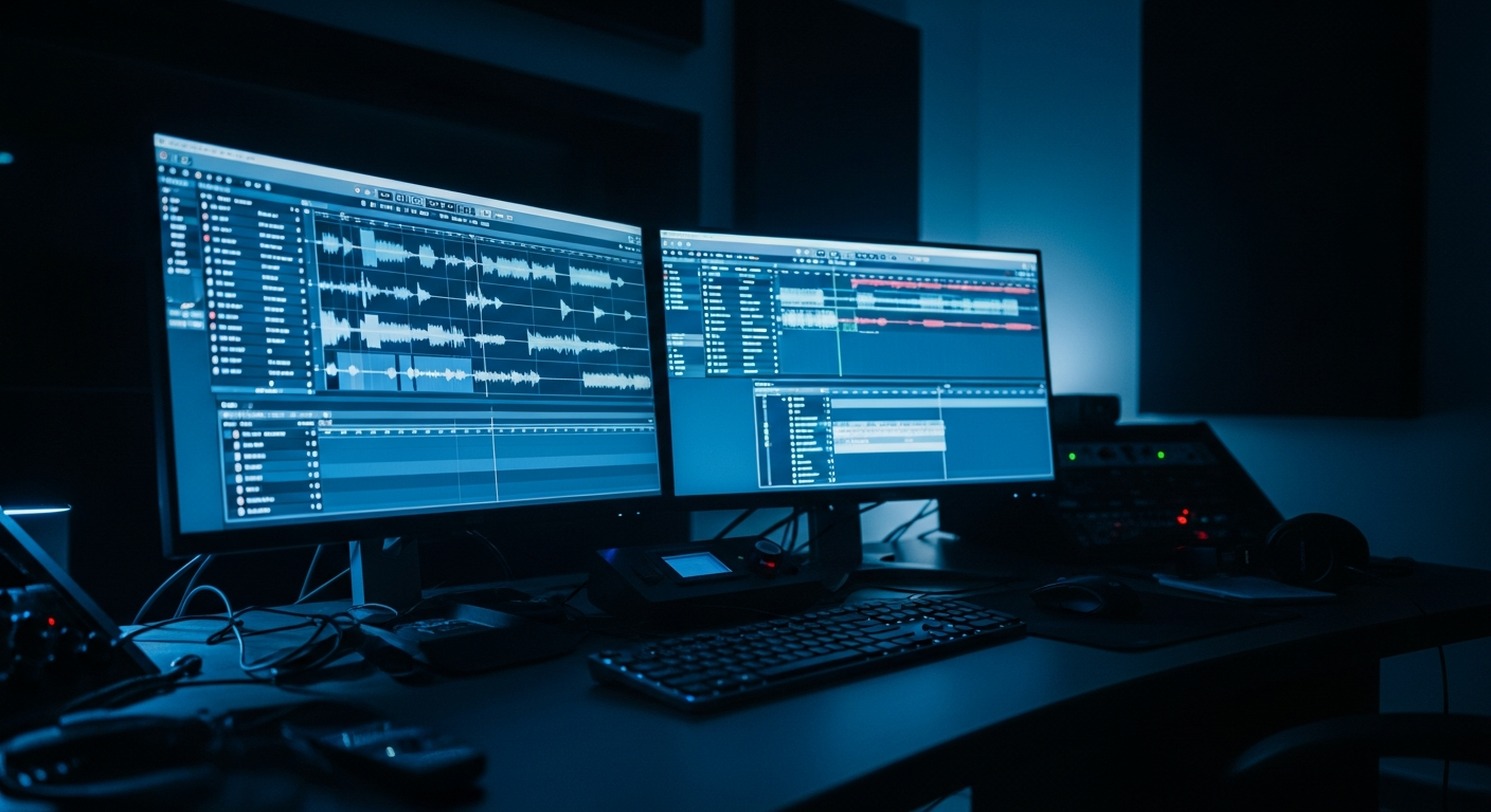 Film editing workstation with audio waveforms and video timeline in dark edit suite — comparing sync agencies and music supervisors for placements