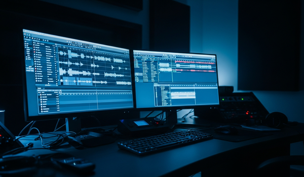 Film editing workstation with audio waveforms and video timeline in dark edit suite — comparing sync agencies and music supervisors for placements
